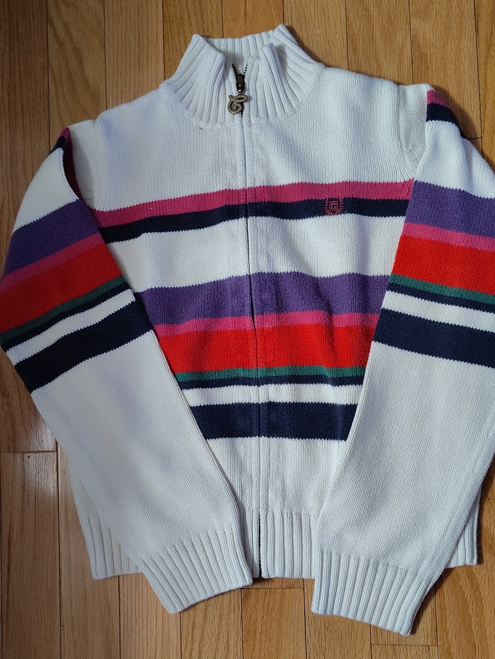 Women's Chaps White Zip-Front Striped Sweater with Pink, Purple & Red Accents